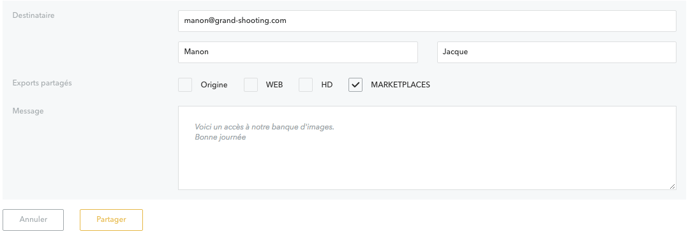 Dans notre exemple, ce nouvel utilisateur aura accès aux photos de l'export "MARKETPLACES".